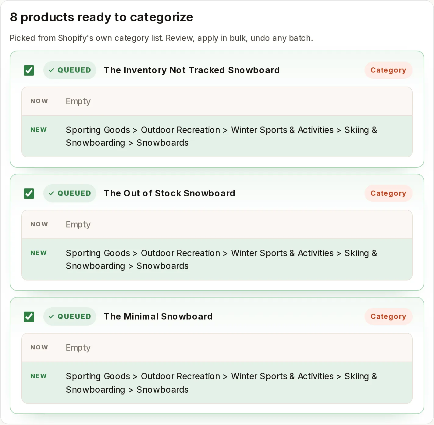 Endcap bulk fixes: Shopify categories suggested for each product, shown as Now: Empty, New: Sporting Goods > Snowboards, queued to apply